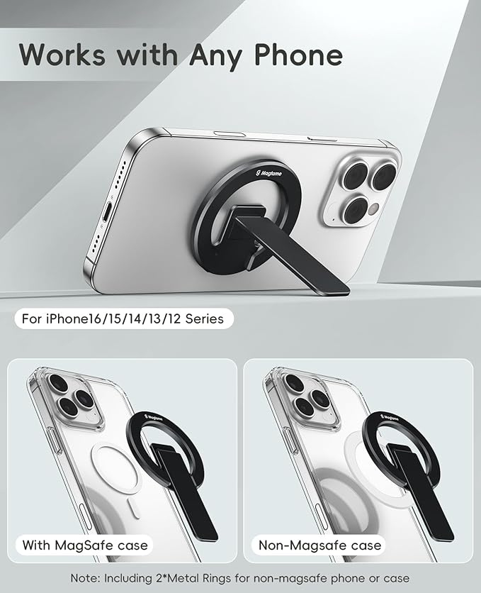 Dual-Sided Magnetic Phone Stand for MagSafe, Adjustable Kickstand Phone Foldable Holder Grip with Strong Magnet Compatible with Car Mounts Gym Equipment for iPhone 17/16/15/14/13 Series, Black