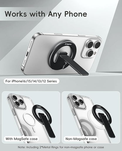 Dual-Sided Magnetic Phone Stand for MagSafe, Adjustable Kickstand Phone Foldable Holder Grip with Strong Magnet Compatible with Car Mounts Gym Equipment for iPhone 17/16/15/14/13 Series, Black