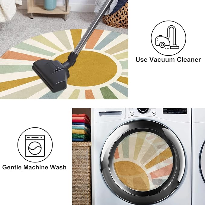 Boho Washable Rug 5 Ft Round Area Rug for Bedroom, Rainbow Circle Kids Rug for Office, Non-Slip Circluar Carpet Soft Sunshine Rug for Dorm Nursery Sofa Living Room Corner