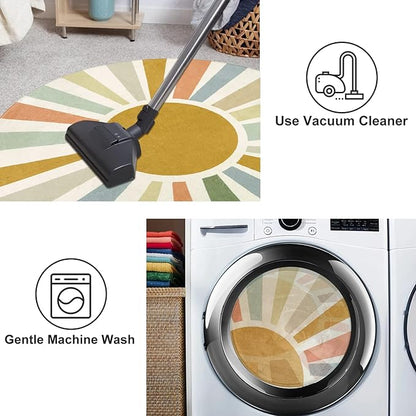Boho Washable Rug 5 Ft Round Area Rug for Bedroom, Rainbow Circle Kids Rug for Office, Non-Slip Circluar Carpet Soft Sunshine Rug for Dorm Nursery Sofa Living Room Corner