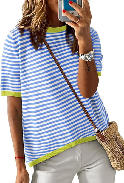 Dokotoo Womens Tops 2026 Casual Summer Crewneck Short Sleeve Striped Color Block Knit High Low Trendy Pullover Sweaters