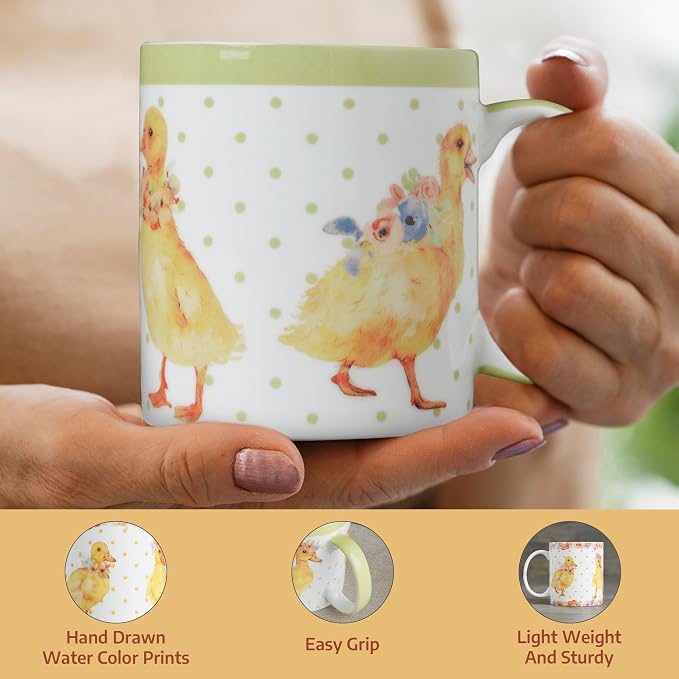 Maison d' Hermine Coffee Mug with Handles Tea Cups (15 Ounce, Pack of 2) | Fine Bone China Coffee Mugs for Hot Beverages Cappuccino Latte Home Restaurant Hotel Spring Summer -Ducklings In Spring
