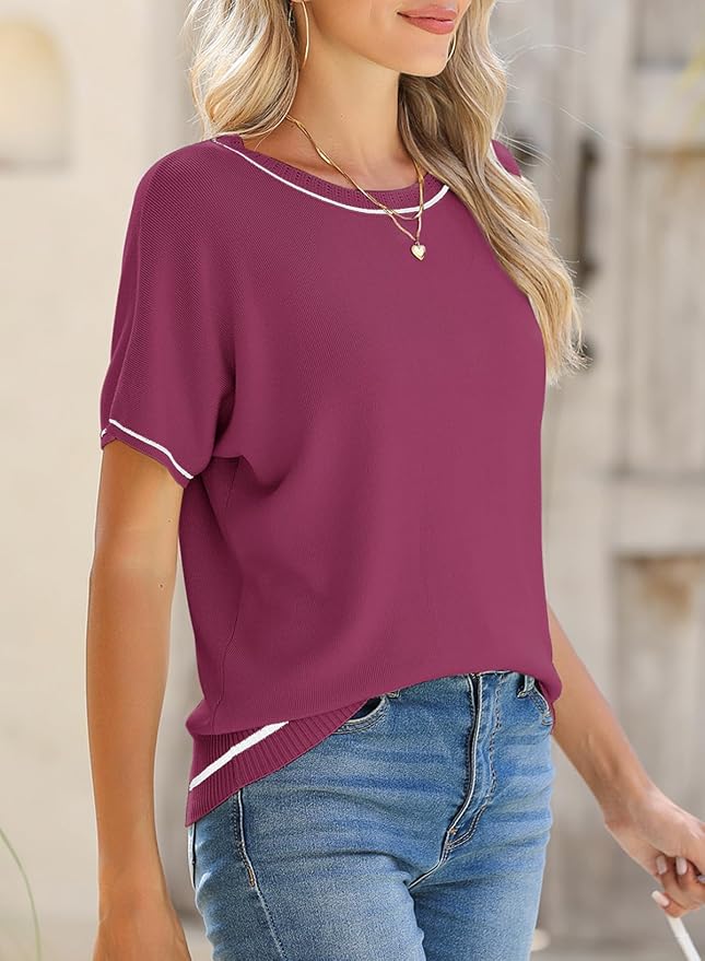 SHEWIN Womens Tops Trendy Short Sleeve Shirts Crewneck Lightweight Knit Sweater Top Business Casual Outfits