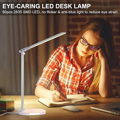 Lightess LED Desk Lamp with Wireless Charger, USB Charging Port - Dual Swing Arm Dimmable LED Desk Light with Night Light, Foldable Desk Lamp, Touch Control Table Lamp for College Dorm Room Bedroom