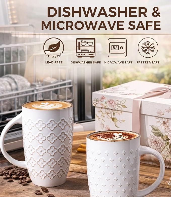 AmorArc Large Coffee Mugs Set of 4, 20oz Tall Coffee Mugs Set | with Texture Patterns for Cappuccino, Latte,Hot Cocoa, Dishwasher & Microwave Safe-Off White