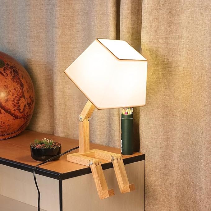 ELINKUME Cute Robot Desk Lamp,Dimmable Bedside Table Lamps,Square Lampshade Night Light with Foldable Solid Wood Body,Fun Kids Lamp, Nightstand lamp for Bedroom,Study,Office,Living room(Gift)