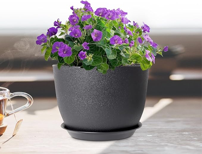 12 inch Large Plant Pots, Plastic Planters with Drainage Holes and Saucers, Flower Pots for Indoor Outdoor Plants, Modern Decorative Pots for Garden House Plants, Black