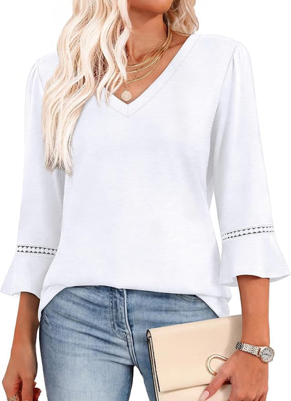 WIHOLL Womens Blouses Dressy Casual 3/4 Length Sleeve Tops Lace Trendy 2026 Spring Summer V Neck Shirts Vacation Outfits