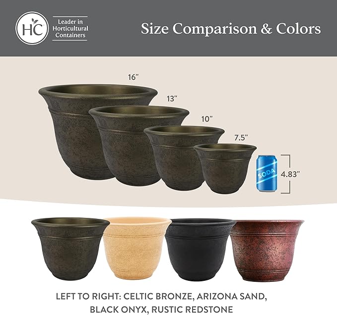 The HC Companies Sierra Round Self-Watering Pot - Lightweight Plastic Planter for Herbs & More - Durable Plant Pots for Indoor Plants & Outdoor Plants (16” Arizona Sand, Pack of 1)