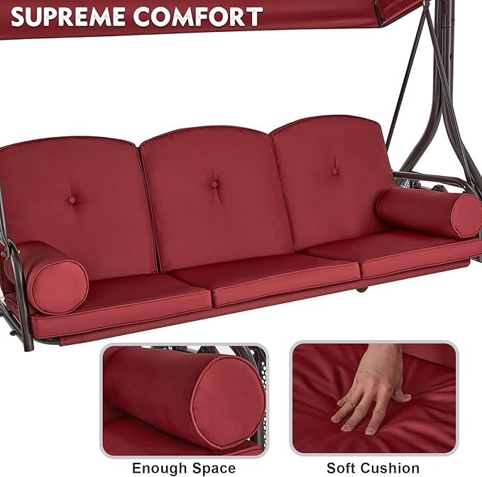 HOMREST 3 Seat Outdoor Porch Swing with Adjustable Canopy, Convertible Patio Swing Bed with Stand, Patio Glider Swing with Upgraded Cup Holder, Thicken Cushions ＆ Pillow for Backyard (Wine Red)