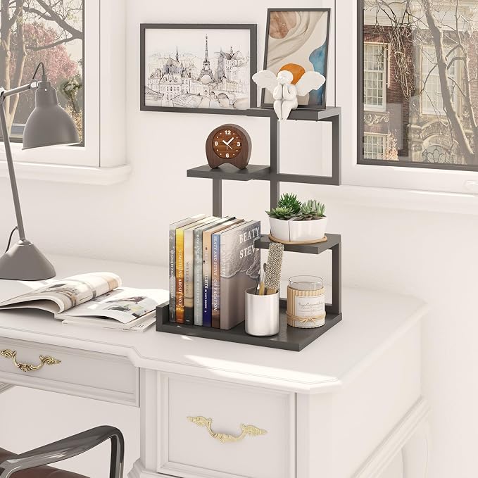 YMYNY Desktop Shelf Organizer, 4 Tier Storage Display Rack, Desk Shelf Organizer Small Bookshelf with Metal Frame for Office, Books, Plants, 12.2" x 9.45" x 17.52", Black UHSR007B