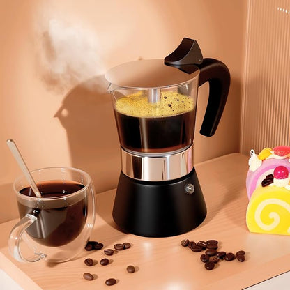 4 Cup 200ml Glass Moka Pot, Stovetop Espresso Maker, Black | Crystal Glass-top & Stainless Steel Coffee Maker, Induction Compatible, for Greca de Cafe, Cuban and Italian Coffee Brewing