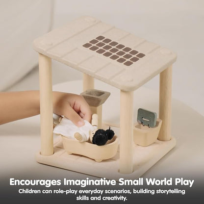 PlanToys® Wooden Dollhouse Bathroom Room Set | Bath, Toilet, Sink & Accessories Furniture Set | Open Ended Role Play Room for Dollhouse Expansion