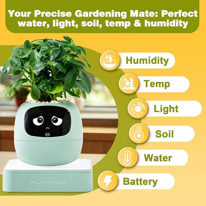 Upgraded AI Smart Flower Pot Multi-Emotion Interactive Digital Display Self Watering Planter, Monitor Soil Moisture/Water Level/Light/Battery, Supports 50+ Plants Decor for Desk Home Pet Office(Green)