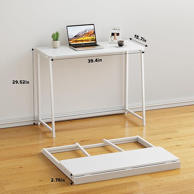 WOHOMO Folding Desk, 39.4" Foldable Computer Table for Small Spaces, White | Easy Assembly and Fold, Sturdy Home office desks for Study Bedroom Dorm Space Saving Writing Work Apartment