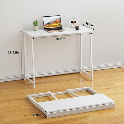 WOHOMO Folding Desk, 39.4" Foldable Computer Table for Small Spaces, White | Easy Assembly and Fold, Sturdy Home office desks for Study Bedroom Dorm Space Saving Writing Work Apartment