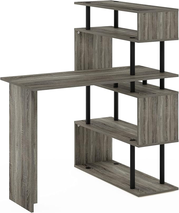 Furinno Classic L Shape Computer Desk, Gaming Desk, Office Desk with 5-Tier Shelves, 40" Wide, for Home Office, Study, Gaming, Grey Oak