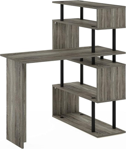 Furinno Classic L Shape Computer Desk, Gaming Desk, Office Desk with 5-Tier Shelves, 40" Wide, for Home Office, Study, Gaming, Grey Oak