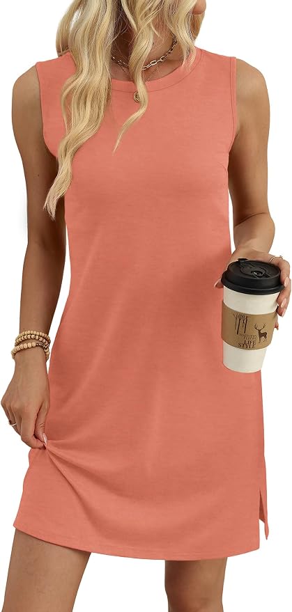 WIHOLL Casual Dresses for Women Crewneck Sleeveless Tank Dress Summer Spring Boho Vacation Clothes