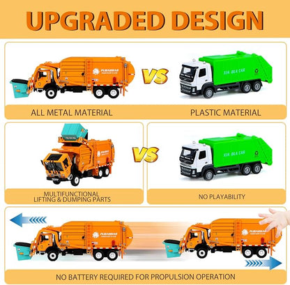FUBARBAR Truck Toy Model – 1:43 Diecast Metal Garbage Recycling Waste Transport Truck with Trash Bin, Pull Back Model Car Toy for Kids 4-6 Age Boys Birthday Gift (Orange)