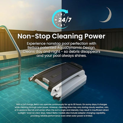 Betta SE Solar Powered Automatic Robotic Pool Surface Skimmer Cleaner with 24/7 Continuous Cleaning Battery Power and Re-Engineered Twin Salt Chlorine Tolerant Motors (White)