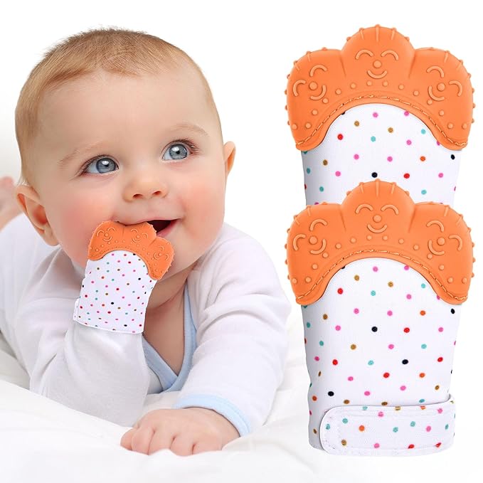 2Pack Silicone Teething Mitt, Soothing Infant Teething Mitten Pain Relief, Prevent Scratches Glove, Safe Silicone Teething Toys for 0-12 Months
