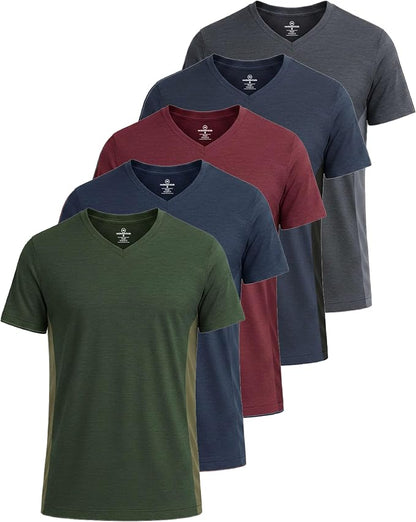 5 Pack Men's Dry Fit V Neck Gym Workout T Shirts Athletic Moisture Wicking | Cooling, Quick Dry, Breathable, Short Sleeve, Exercise, Cycling, Sports, Outdoor, Fitness, Golf, Crossfit, Hiking, Tennis