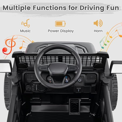 OLAKIDS 12V Ride On Truck, Battery Powered Electric Vehicle for Kids with Remote Control, Foldable Reflective Mirror, Spring Suspension, Music, LED Lights, Ride on Toy for 3+ Boys Girls (Black)
