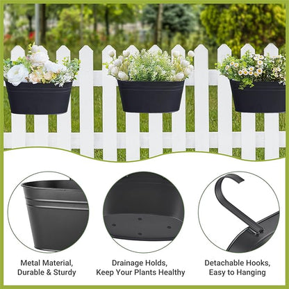 Dahey 10.5 Inch Metal Iron Hanging Flower Pots for Railing Fence Hanging Bucket Pots Countryside Style Window Flower Plant Holder with Detachable Hooks Home Decor,Black,5 Pcs