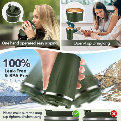 Volhoply 12 oz Double Wall Insulated Vacuum Travel Coffee Mug with Flip Lid Bulk 4 Pack,Reusable Stainless Steel Leak Proof Coffee Cup,Portable Thermal Tumbler for Hot & Cold Drinks(Army Green,8 Set)