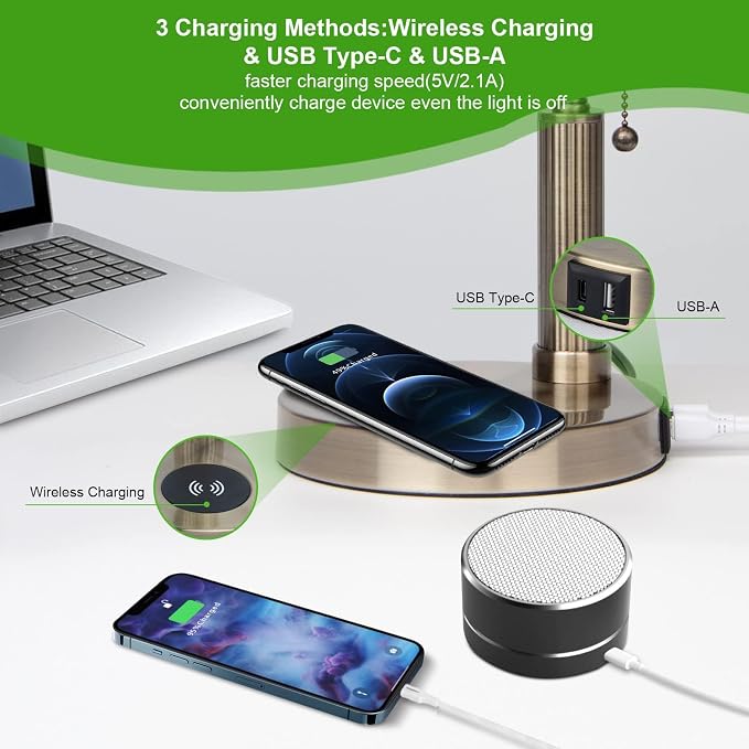 FIRVRE Glass Bankers Desk Lamp with Wireless Charger, 2 USB Charging Port, Vintage Desk Lamp with Pull Chain Switch, Retro Table Lamps for Home Office, Piano, Library (Bulb Included)