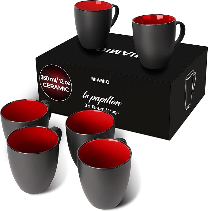 MIAMIO - Coffee Mugs Set of 6 (12 oz) - Le Papillon (Red) - Daily Table Set | Ceramic coffee mugs for coffee, cappuccino and tea, 12 oz for everyday use - dishwasher safe - practical for daily use
