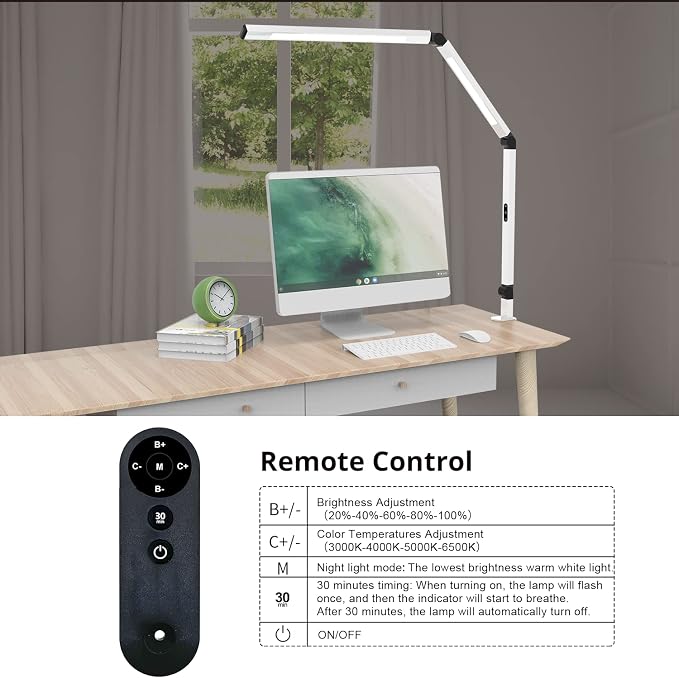 Micomlan LED Desk Lamp for Home Office, Architect Clamp Desk Lamp with Remote Control, Adjustable Dimmable Swing Arm Clamp on Table Light Clip-on Dual Light 5 Brightness Levels & 4 CCT Modes