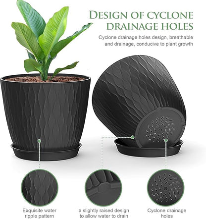 6 inch Plant Pots, 5 Pack Flower Pots with Drainage Holes and Saucers for Indoor Plants, Plastic Planters with Water Ripple for Small Garden House Plants, Nursery Pots for Succulent, Black