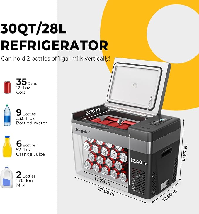 BougeRV 12 Volt Refrigerator 12V Car Fridge 30 Quart Portable Freezer Compressor Cooler Compressor Freezer, 12/24V DC 110~240V AC, -8℉~50℉ for Truck RV SUV (Black)