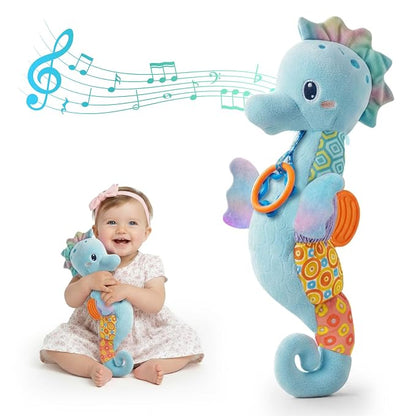 Baby Toys 0-6 Months,Infant Musical Seahorse Stuffed Animals Sensory Toys with Bright Colors,Multiple Textures,Rattles & Crinkle Sound Paper,Soft Tummy Time Toy for Newborn Boys Girls 0-12 Months-Blue