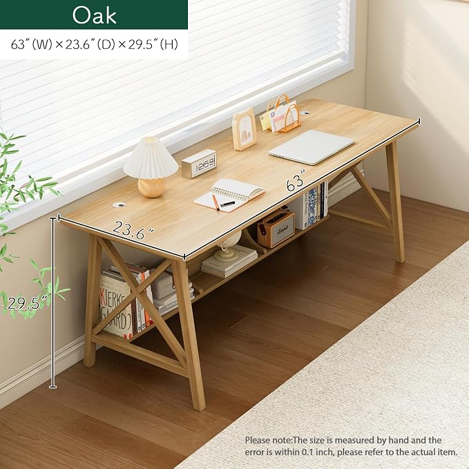 NELYE Extra Long Writing Desk with Bookshelf, 63" Wx24 Dx30 H, Oak | Wooden Home Office Work Study Table, Computer Gaming Workstation with Storage Shelf, Sturdy MDF Resists Wobble