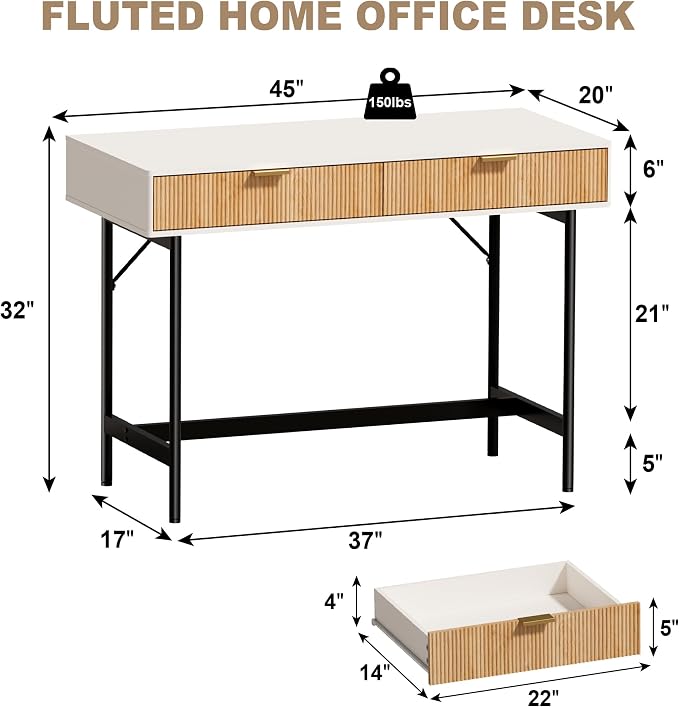 INNOD 45 Inch White Desk with Drawers, Small Writing Desks for Bedroom, Fluted Cute Desk with Storage for Vanity, Wood Computer Table for Living Room Small Spaces Home Office Study