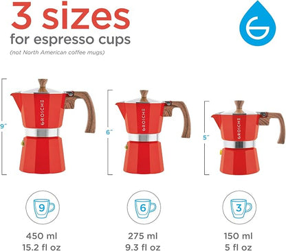 GROSCHE Milano 6 Espresso Cup, 9.3 oz Red Stovetop Espresso Maker - Italian Moka Pot | Cuban Coffee Maker And Italian Moka Pot For Stovetop Espresso; For Gas, Electric, And Propane Stoves With A Soft-Touch Handle