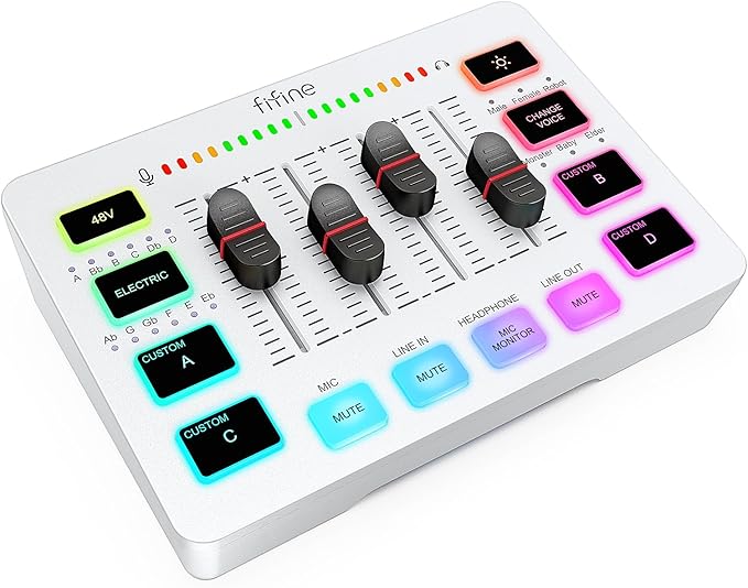 FIFINE Audio Mixer, Gaming Streaming PC Mixer with Slider Fader, XLR Microphone Interface, Monitoring, for Video/Game Voice/Podcast Recording-AmpliGame SC3W | USB PnP For PC,Mute Button,XLR Preamp,RGB,Voice change,48V Phantom Power,Monitoring,Podcast,R...