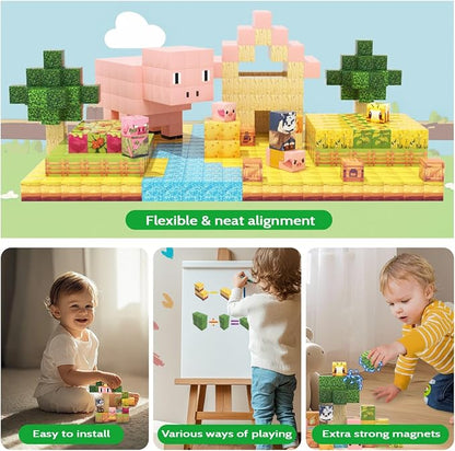 Magnetic Blocks, 48PCS Magnetic Tiles Building Blocks, Magnet Cubes STEM Sensory Game Toys Christmas Birthday Gifts for Kids Girls Boys Age 3+ (Piggy Forest)