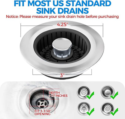 zaa 3 in 1 Kitchen Sink Drain Strainer Stopper Removable Basket Pop-Up | Kitchen Sink Accessories 2 Pack Black Stainless - Food Catcher, Odor-Blocking Seal, Fits 3.5" Drain, Easy Clean