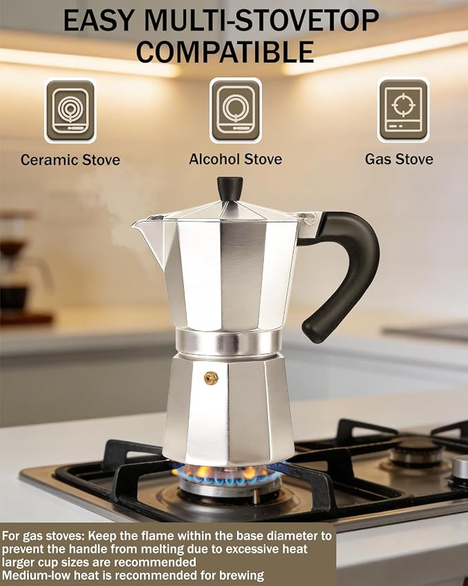 Coffee Maker Stovetop Espresso Maker 12 Cup Aluminum Moka Pot Percolator 20oz 600ml Easy Brewing for Electric Ceramic Stoves Home Camping Italian Cuban Café Classic Silver