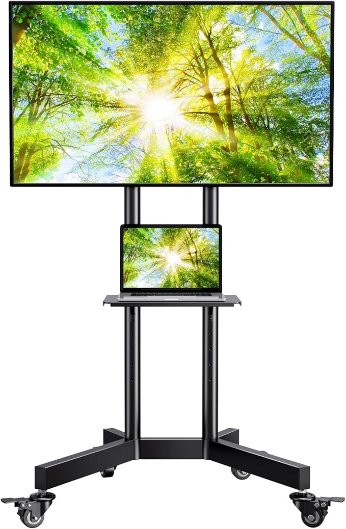 PERLESMITH Rolling TV Stand with Lockable Wheels for 32-86 Inch TVs Holds up to 132 Lbs, Height Adjustable Mobile TV Stand on Wheels with Laptop Shelf, Rolling Tv Cart Max VESA 600x400mm PSTVMC01