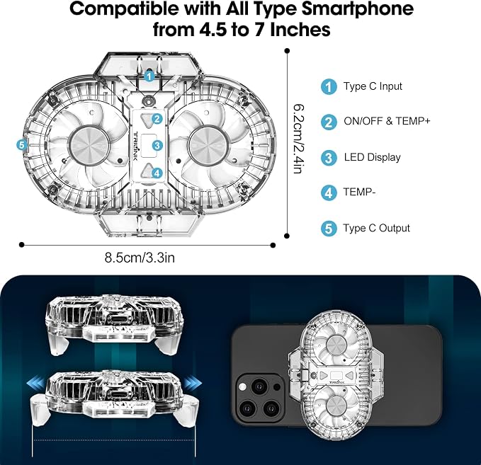 TRILINK Phone Cooler for Gaming with Dual Cooling Fans - Advanced Phone Cooling Technology - RGB LEDs - Ultra-Quiet - Output Function - LED Temperature Display for Android iPhone iOS Game Radiator