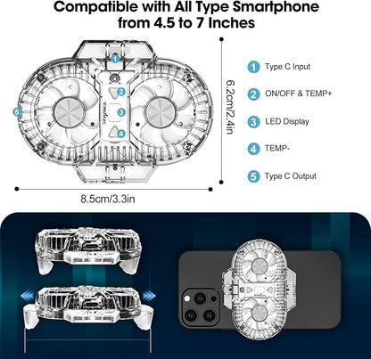 TRILINK Phone Cooler for Gaming with Dual Cooling Fans - Advanced Phone Cooling Technology - RGB LEDs - Ultra-Quiet - Output Function - LED Temperature Display for Android iPhone iOS Game Radiator