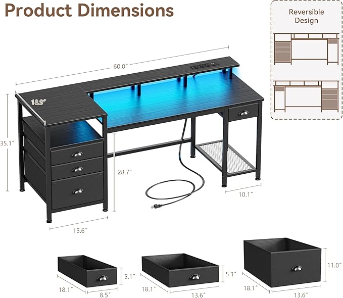 Furologee 60" Black Computer Desk with 4 Drawers and Printer Space, Gaming Desk with LED Lights and USB Power Outlets, Home Office Desk with Fabric File Cabinet,Study Work Table with Shelf for Bedroom