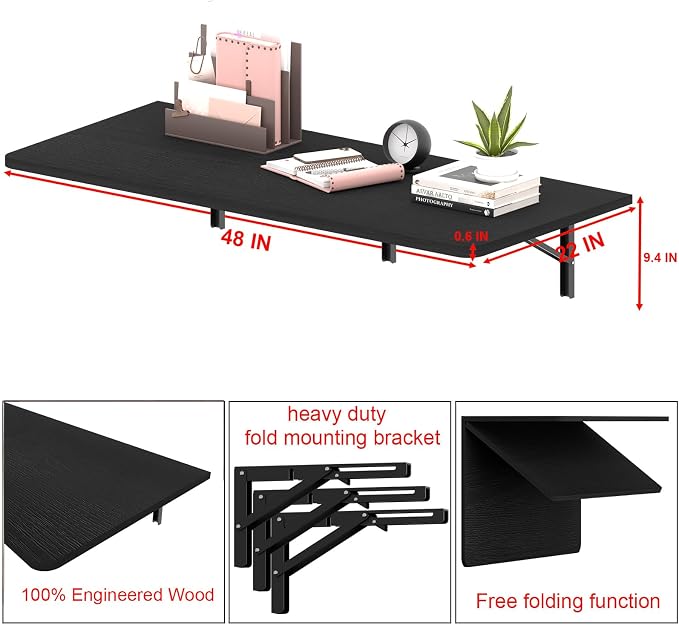 IAE 55x22in Floating Fold Desk,Wall-Mounted Folding Computer Table,Black | Study Table with Shelf Brackets,Foldable Down Shelf with Engineered Wood,Fold Computer Desk for Small Apartment,Holds 510 lb