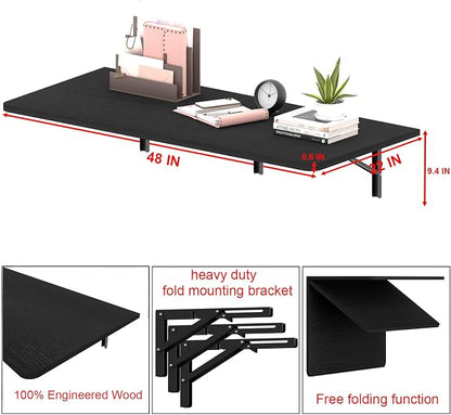 IAE 55x22in Floating Fold Desk,Wall-Mounted Folding Computer Table,Black | Study Table with Shelf Brackets,Foldable Down Shelf with Engineered Wood,Fold Computer Desk for Small Apartment,Holds 510 lb