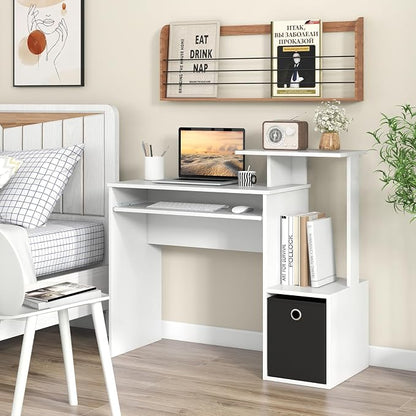 Tangkula Computer Desk with Fabric Drawer & Keyboard Tray, Space-Saving Study Writing Desk with Open Storage Shelves & Printer Stand, Modern Home Office Computer Workstation for Small Spaces (White)